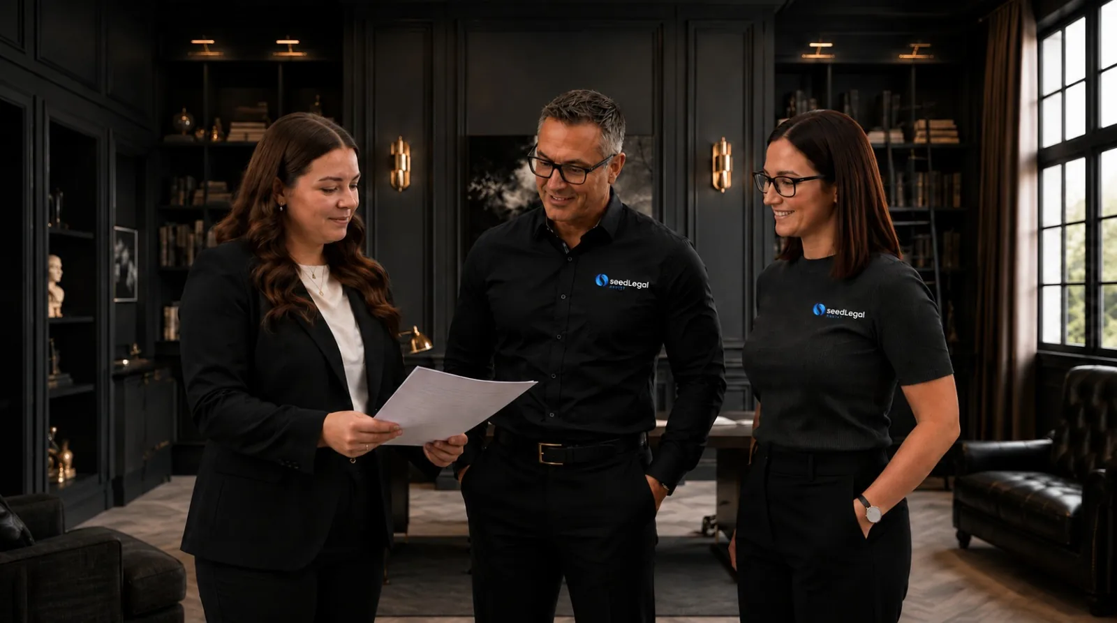 Three people standing over a printed page in a panelled office