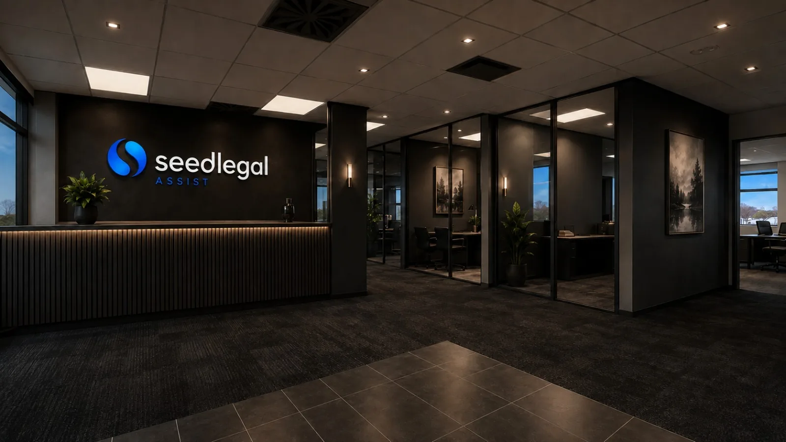 A reception desk with the company sign lit on the wall behind it and glass meeting rooms beyond