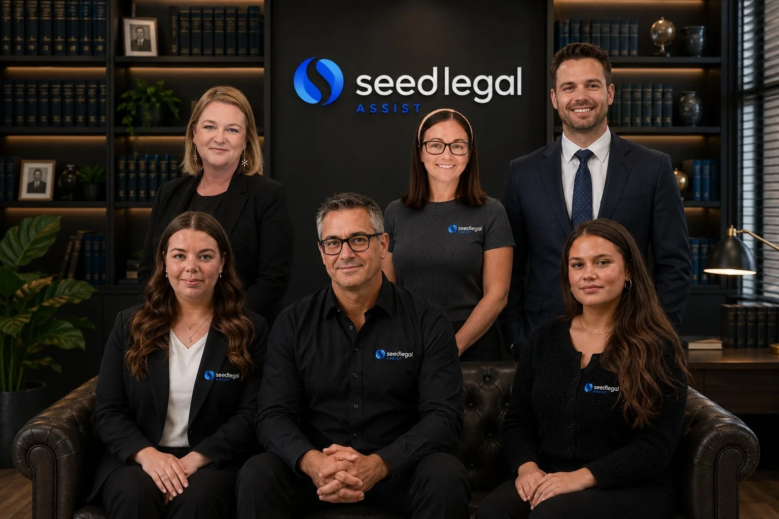 Six people in front of the company sign, three seated and three standing